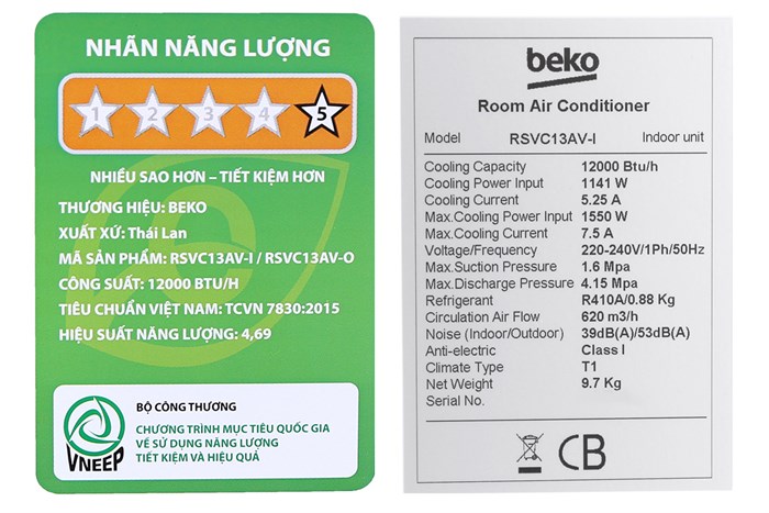 Máy lạnh Beko Inverter 1.5 HP RSVC13AV Màu Trắng