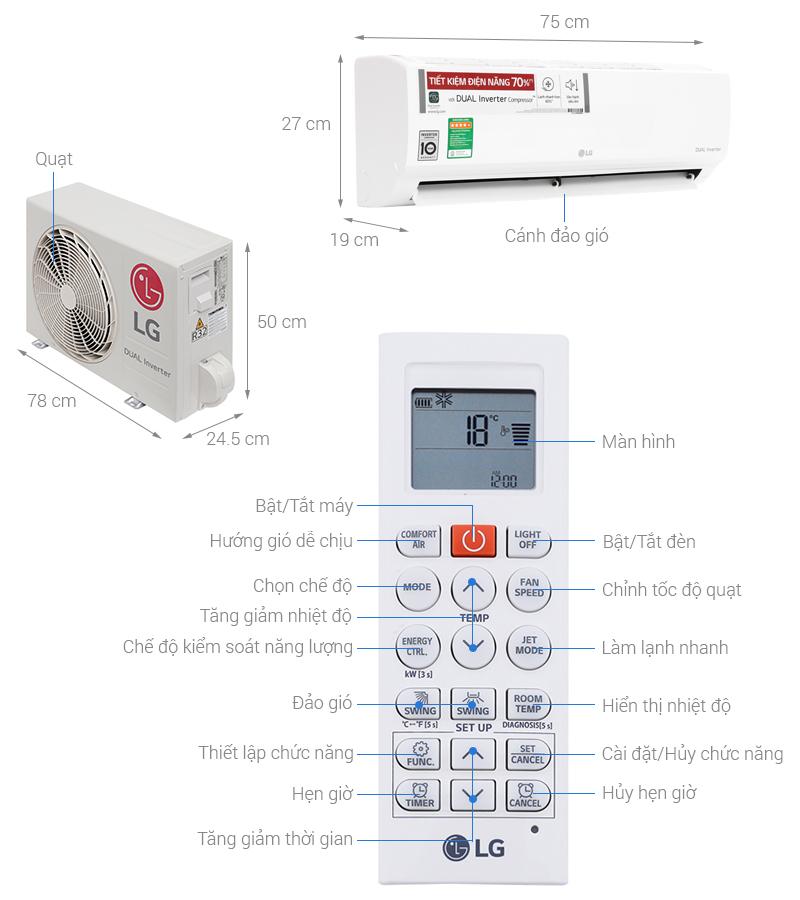 Thông số kỹ thuật Điều hòa LG Inverter 9200 BTU V10ENW