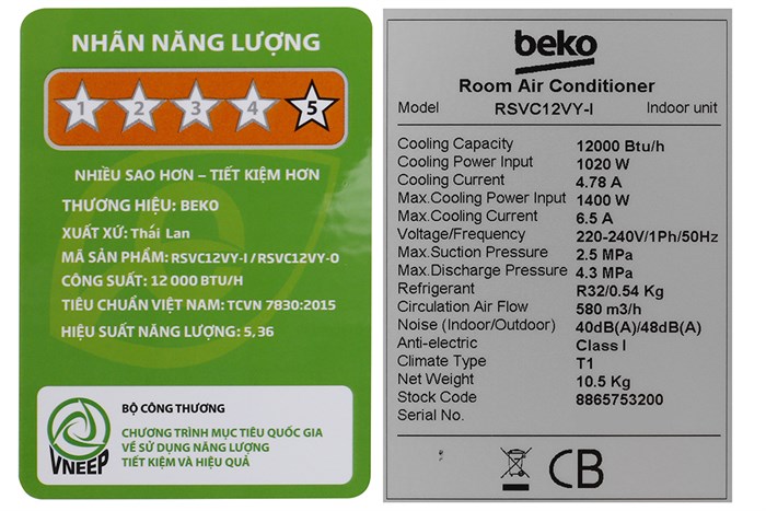 Máy lạnh Beko Inverter 1.5 HP RSVC12VY Màu Trắng