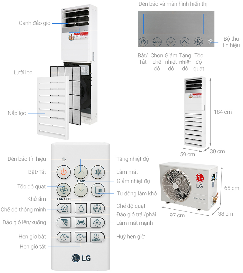 Thông số kỹ thuật Máy lạnh tủ đứng LG Inverter 3 HP APNQ30GR5A3