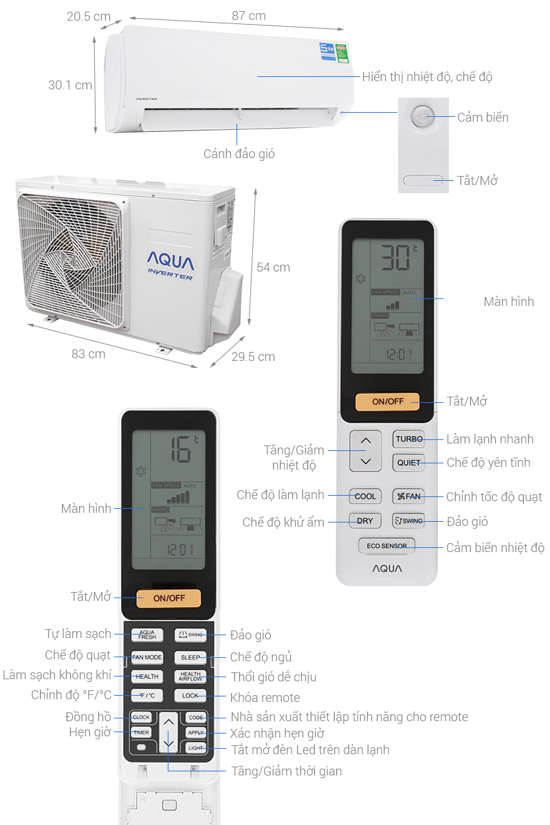 Thông số kỹ thuật Điều hòa Aqua Inverter 9000 BTU AQA-KCRV9F