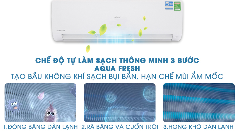Làm sạch 3 bước AQUA FRESH - Máy lạnh Aqua Inverter 2 HP AQA-KCRV18F Làm sạch 3 bước AQUA FRESH - Máy lạnh Aqua Inverter 2 HP AQA-KCRV18F