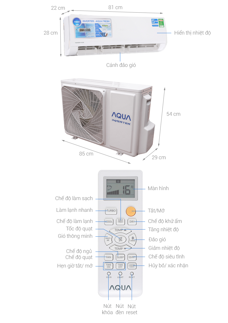 Thông số kỹ thuật Điều hòa Aqua Inverter 9000 BTU AQA-KCRV9WJB