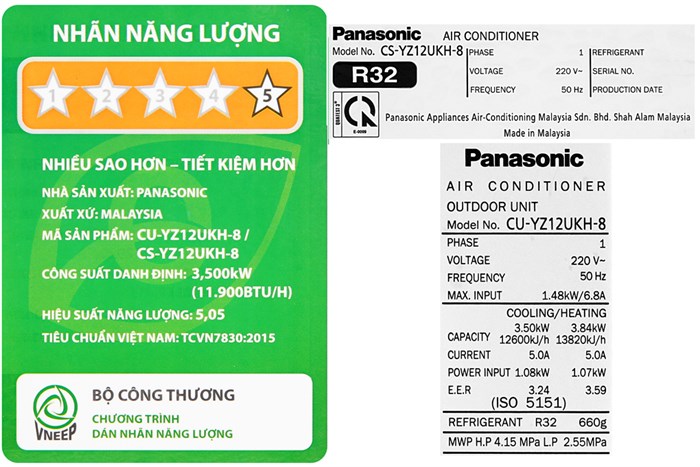 Máy lạnh 2 chiều Panasonic 1.5 HP CU/CS-YZ12UKH-8 Màu Trắng