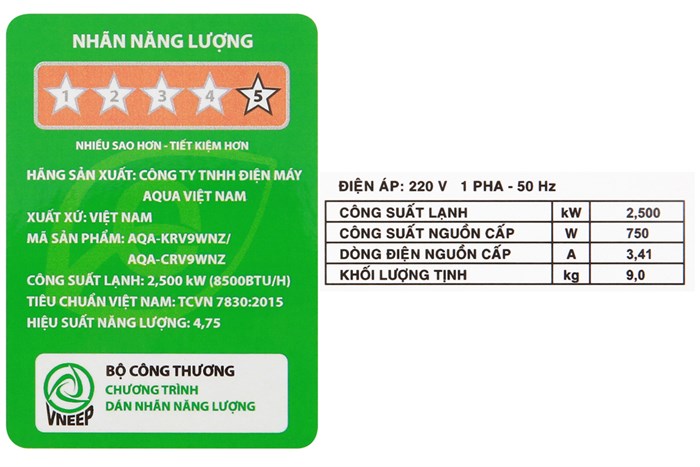 Máy lạnh Aqua Inverter 1HP AQA-KCRV9WNZ Màu Trắng