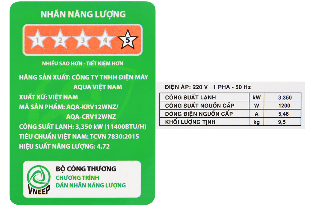 Máy lạnh Aqua Inverter 1.5 HP AQA-KCRV12WNZ Màu Trắng