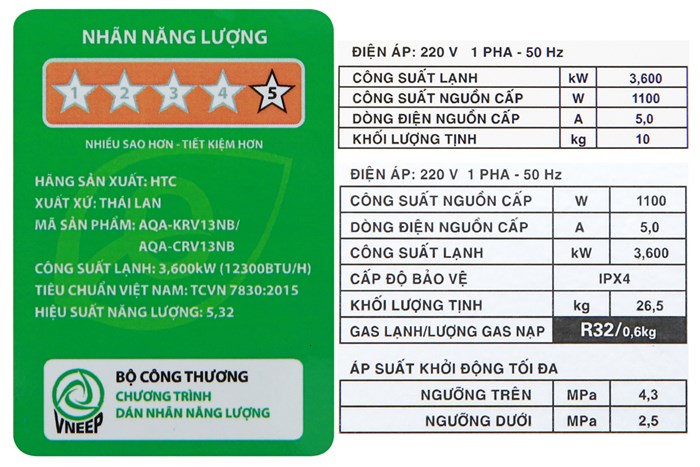 Máy lạnh Aqua Inverter 1.5 HP AQA-KCRV13NB Màu Bạc
