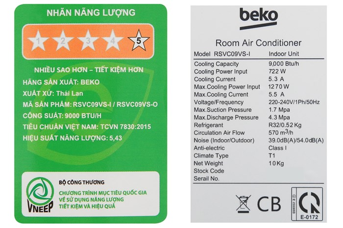 Máy lạnh Beko Inverter 1 HP RSVC09VS Màu Trắng