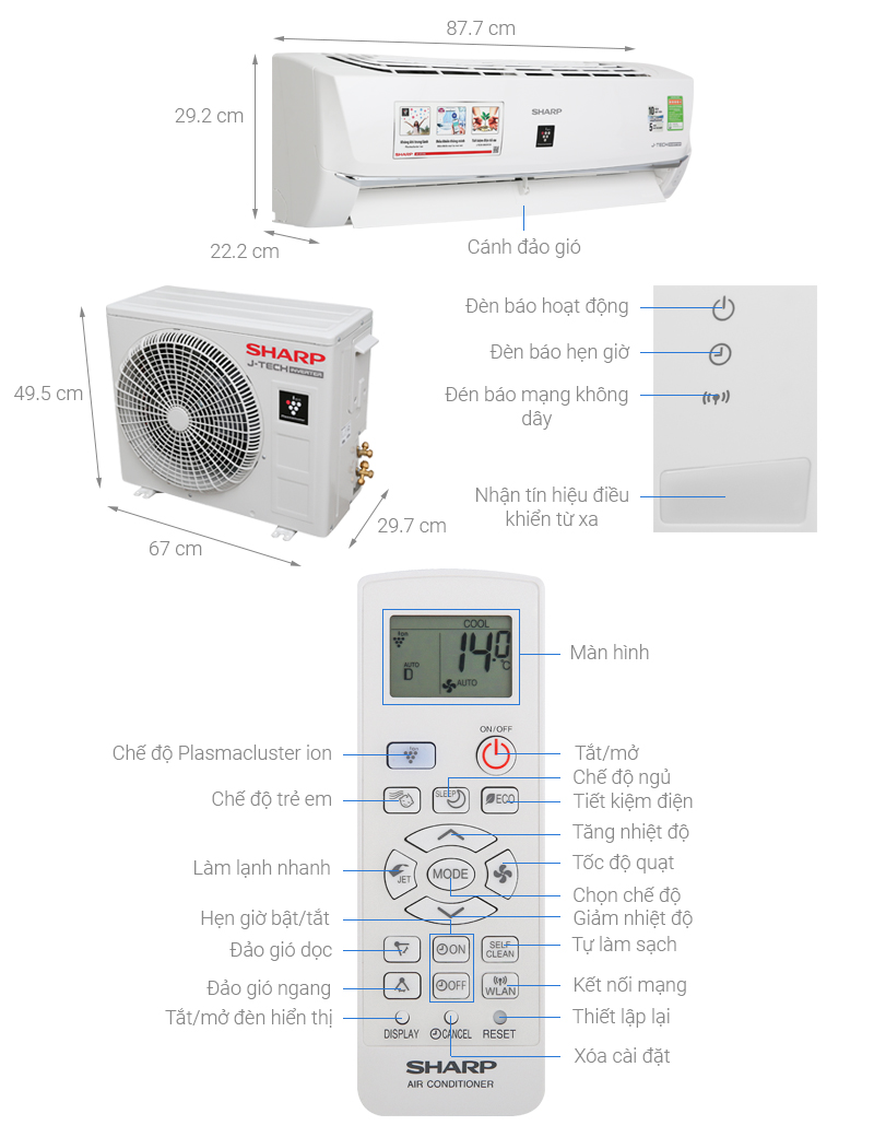 Thông số kỹ thuật Điều hòa Sharp Wifi Inverter 9000 BTU AH-XP10WHW