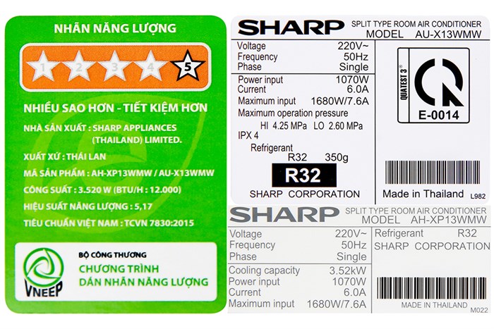 Máy lạnh Sharp Inverter 1.5 HP AH-XP13WMW Màu Trắng