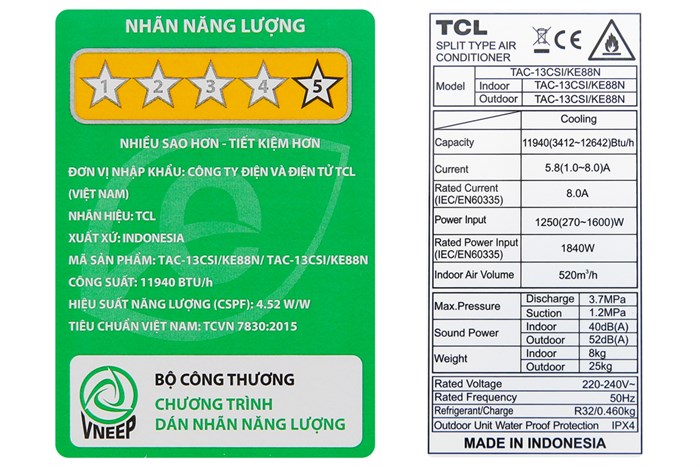 Máy lạnh TCL Inverter 1.5 HP TAC-13CSI/KE88N Màu Trắng