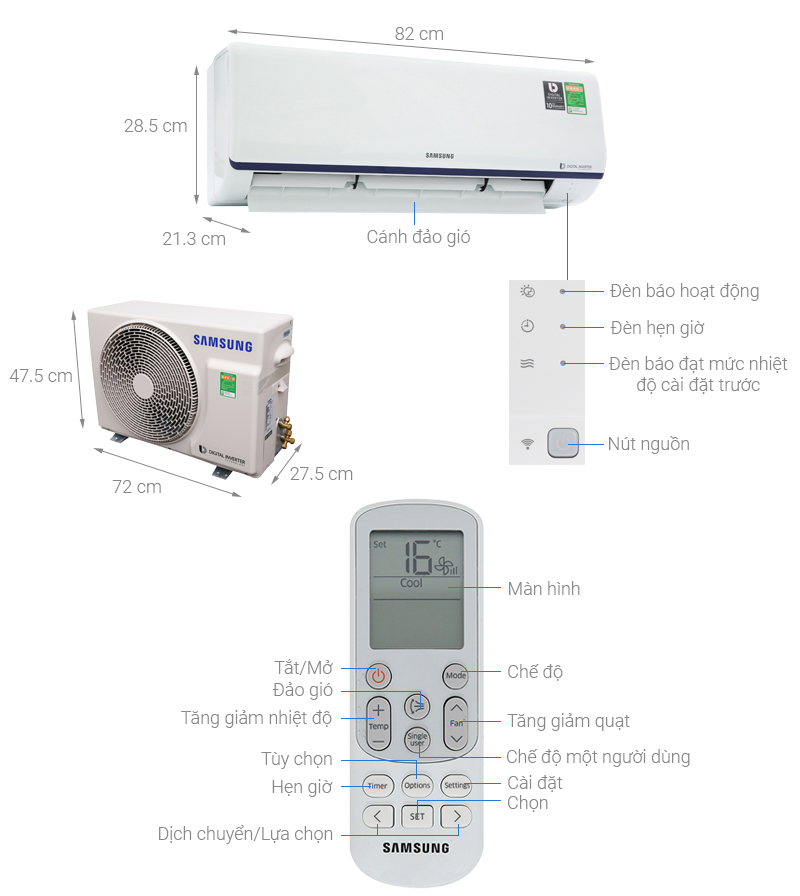 Thông số kỹ thuật Điều hòa Samsung Inverter 9400 BTU AR10RYFTAURNSV