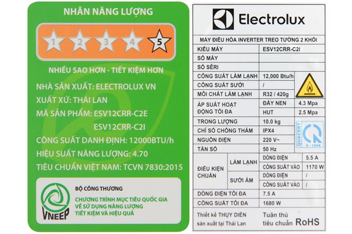 Máy lạnh Electrolux Inverter 1.5 HP ESV12CRR-C2 Màu Trắng