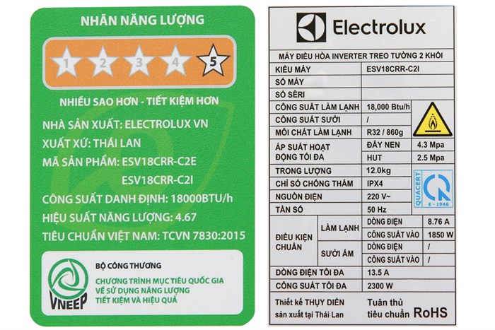 Máy lạnh Electrolux Inverter 2 HP ESV18CRR-C2 Màu Trắng