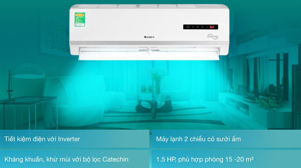 Máy điều hòa 2 chiều Gree Inverter 1.5 HP GWH12WA-K3D9B7I