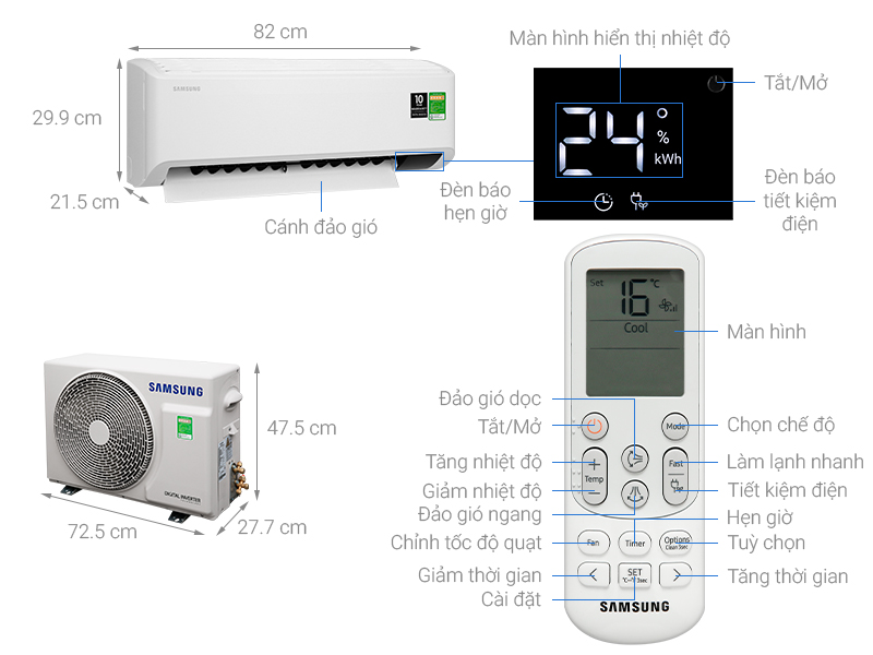 Thông số kỹ thuật Điều hòa Samsung Inverter 12000 BTU AR13TYHYCWKNSV