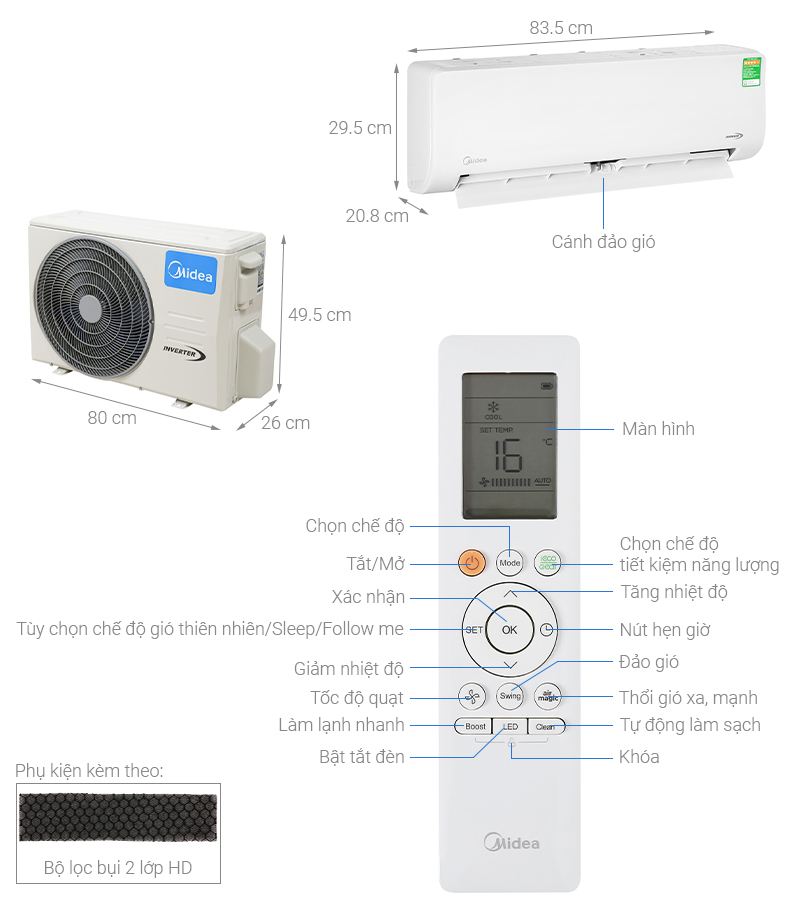 Thông số kỹ thuật Máy lạnh Midea Inverter 1 HP MSAG-10CRDN8