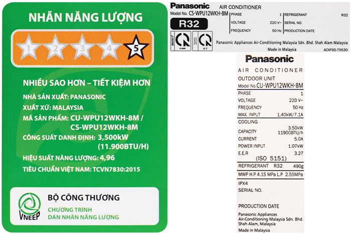 Máy lạnh Panasonic Inverter 1.5 HP CU/CS-WPU12WKH-8M Màu Trắng
