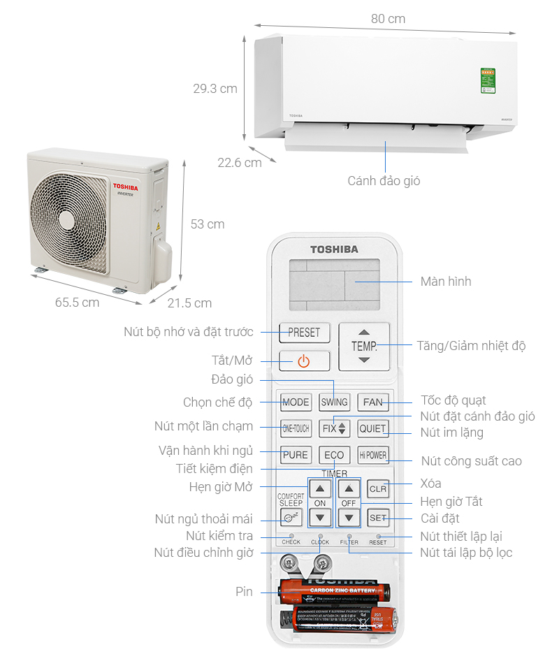 Thông số kỹ thuật Máy lạnh Toshiba Inverter 1 HP RAS-H10E2KCVG-V