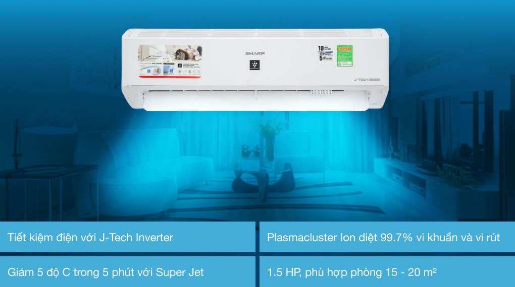 Máy lạnh Sharp Inverter 1.5 HP AH-XP13YMW, giá rẻ, chính hãng