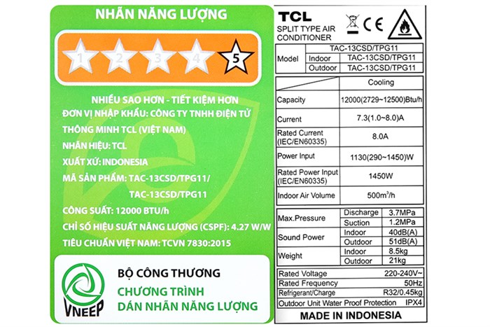 Máy lạnh TCL Inverter 1.5 HP TAC-13CSD/TPG11 Màu Trắng