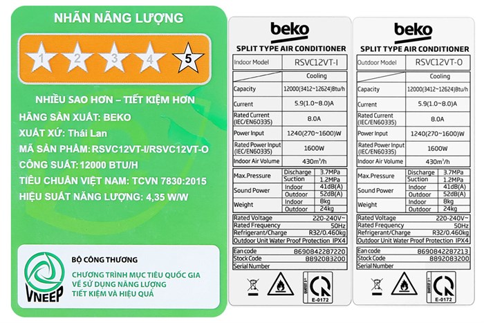 Máy lạnh Beko Inverter 1.5 HP RSVC12VT Màu Trắng