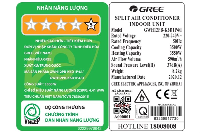 Điều hòa 2 chiều Gree Inverter 11942 BTU GWH12PB-K6D1P4 Màu Trắng