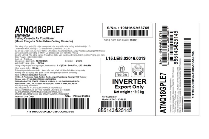 Máy lạnh âm trần LG Inverter 2.0 HP ATNQ18GPLE7 Màu Trắng