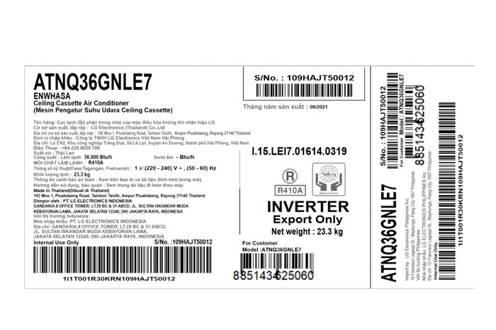 Máy lạnh âm trần LG Inverter 4 HP ATNQ36GNLE7 Màu Trắng