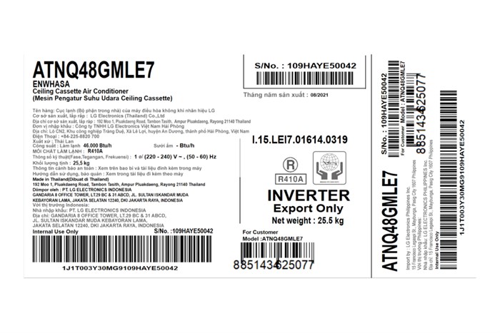 Máy lạnh âm trần LG Inverter 5 HP ATNQ48GMLE7 Màu Trắng