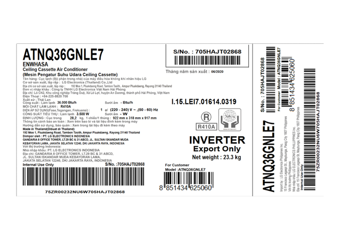 Máy lạnh âm trần LG 4 HP ATNQ36GNLE7 (3 pha) Màu Trắng