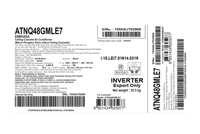 Máy lạnh âm trần LG 5 HP ATNQ48GMLE7 (3 pha) Màu Trắng