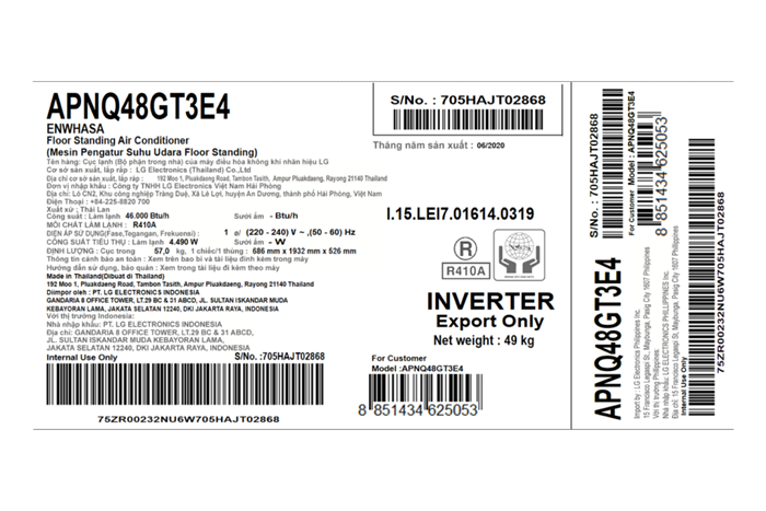 Máy lạnh tủ đứng Inverter 5 HP LG APNQ48GT3E4 (3 Pha) Màu Trắng