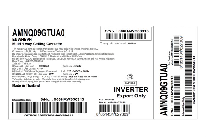 Dàn lạnh Multi LG Inverter 1.0 HP AMNQ09GTUA0/PT-UAHW0 Màu Trắng