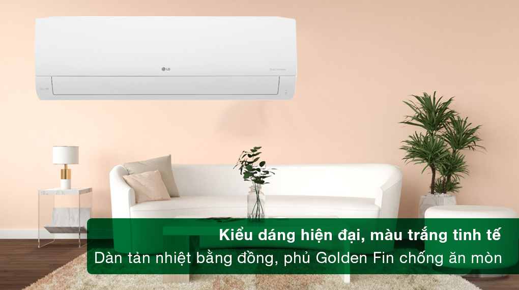 Điều hòa LG Inverter 17000 BTU V18WIN - Kiểu dáng hiện đại, màu trắng tinh tế, dàn tản nhiệt bằng đồng và phủ lớp Golden Fin chống ăn mòn 