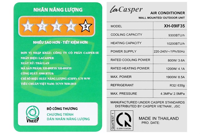 Điều hòa 2 chiều Casper Inverter 9300 BTU XH-09IF35 Màu Trắng