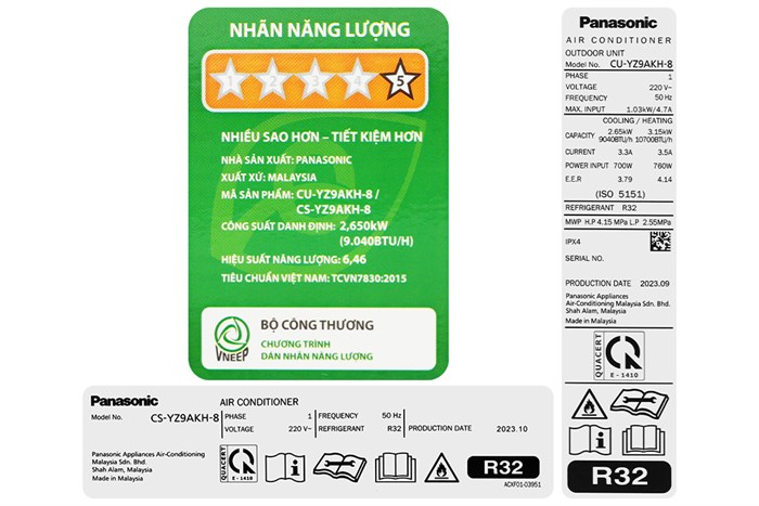 Máy lạnh 2 chiều Panasonic Inverter 1 HP CU/CS-YZ9AKH-8 Màu Trắng