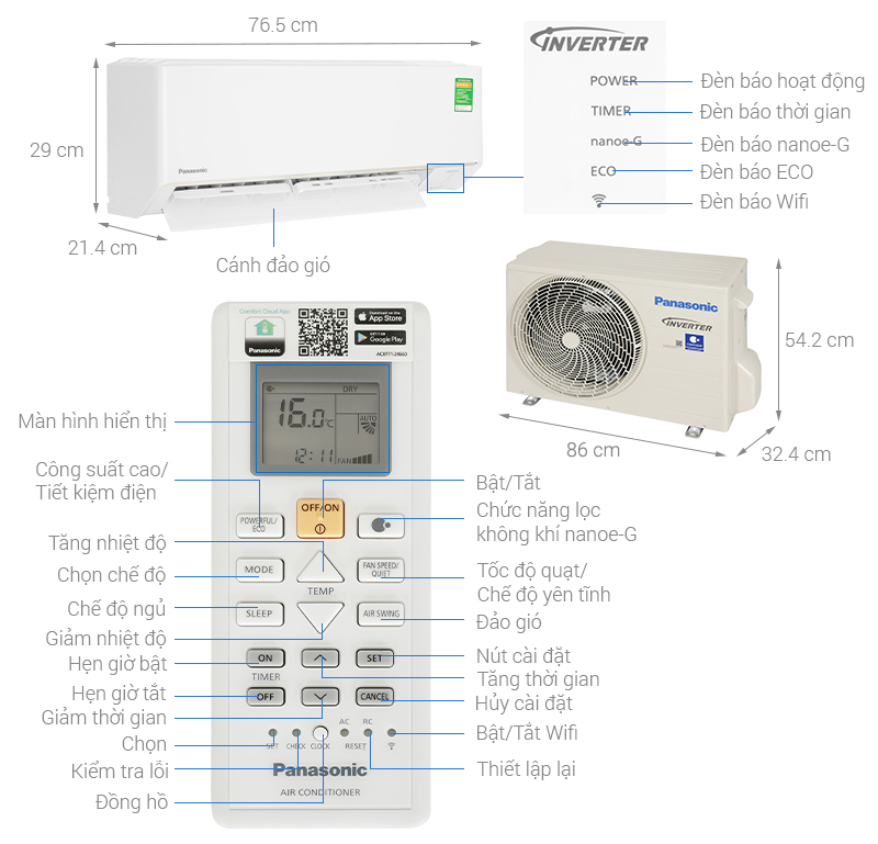 Máy lạnh 2 chiều Panasonic Inverter 1.5 HP CU/CS-YZ12AKH-8