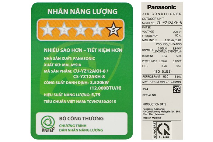 Máy lạnh 2 chiều Panasonic Inverter 1.5 HP CU/CS-YZ12AKH-8 Màu Trắng
