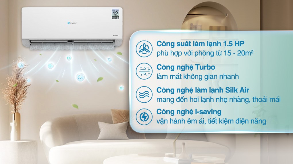 Máy lạnh Casper Inverter 1.5 HP QC-12IS36 có các chế độ làm lạnh nhanh nhờ công nghệ làm lạnh nhanh Turbo, công nghệ I-saving