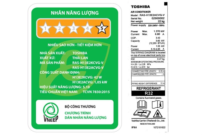 Máy lạnh Toshiba Inverter 1.5 HP RAS-H13E2KCVG-V Màu Trắng