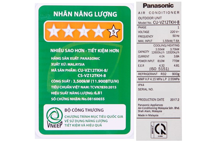 Máy điều hòa 2 chiều Panasonic Inverter CU/CS-VZ12TKH-8 Màu Trắng