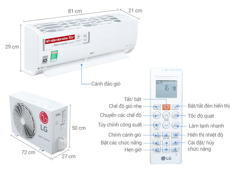 Thông số kỹ thuật Máy lạnh LG Inverter 1.5 HP V13ENR