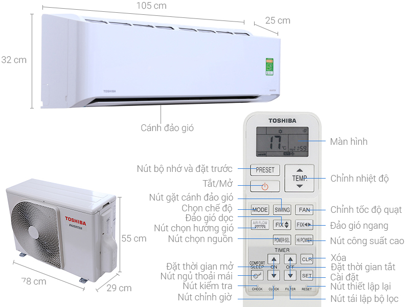 Thông số kỹ thuật Máy lạnh Toshiba Inverter 2 HP RAS-H18PKCVG-V