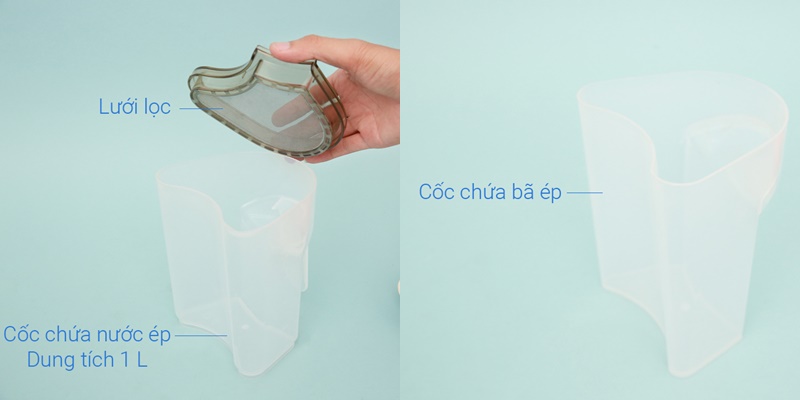 1 cốc đựng nước ép 1 lít, 1 ca đựng bã sau khi ép - Máy ép chậm Korihome JEK-633