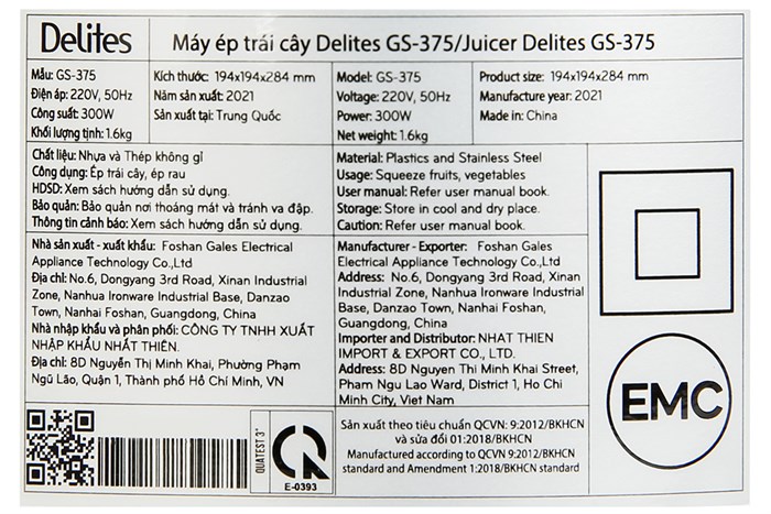 Máy ép trái cây Delites GS-375 Màu Xám