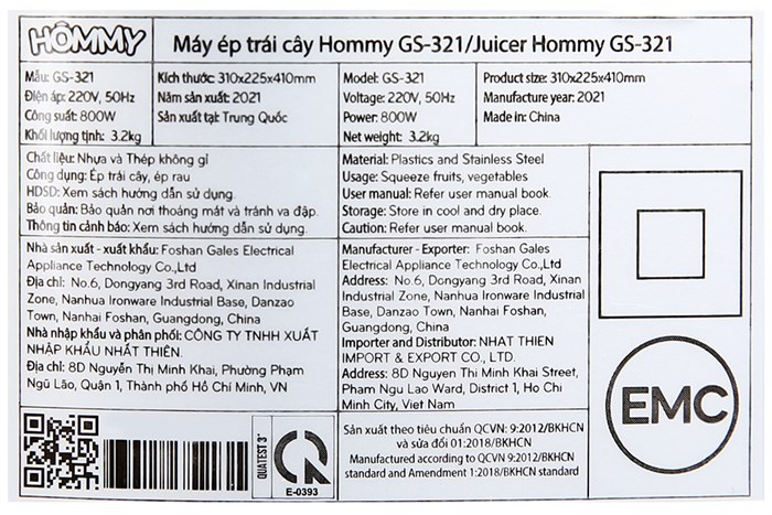 Máy ép trái cây Hommy GS-321 Màu Trắng