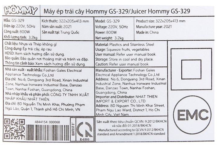 Máy ép trái cây Hommy GS-329 Màu Đen - Bạc