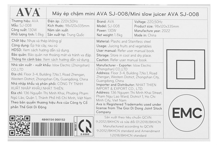 Máy ép chậm mini AVA SJ-008 Màu Đen - Bạc