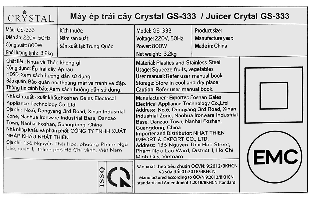 Máy ép trái cây Crystal GS-333 Màu Đen - Xám